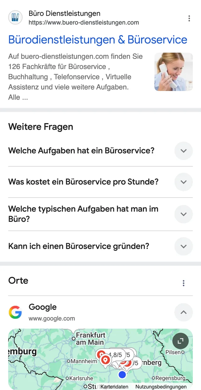 Suche „bürodienstleistungen“, Oktober 2026 — erstes organisches Ergebnis, keine bezahlte Anzeige. Google-Suchergebnis auf dem Handy: buero-dienstleistungen.com als erstes organisches Ergebnis für „bürodienstleistungen“