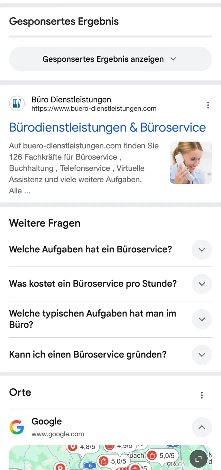 Google-Suche nach „bürodienstleistungen“: buero-dienstleistungen.com als erstes organisches Ergebnis